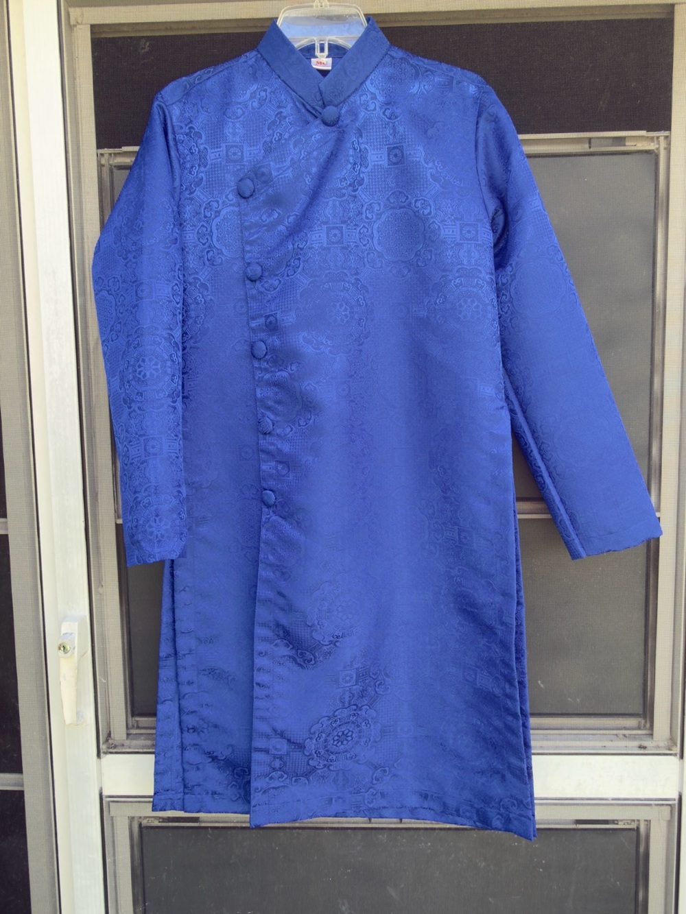 Men's Royal Blue Mandarin Collar Long Coat